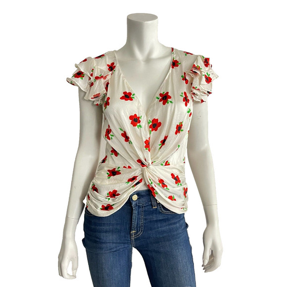 Caroline Constas M Silk Blouse White & Red Floral Rheya Flutter Sleeve Top $395 - Picture 2 of 9